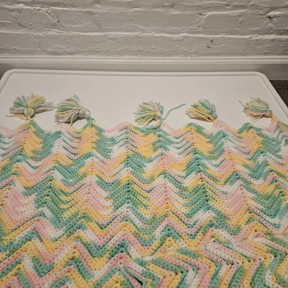 Crochet Knit Pink Yellow Green White Pastel Color Fringe Tassel Baby Blanket